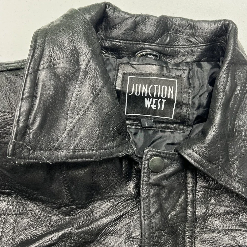 Junction West Patchwork Leather Bomber Jacket Mens L Black Vintage Textured Zip